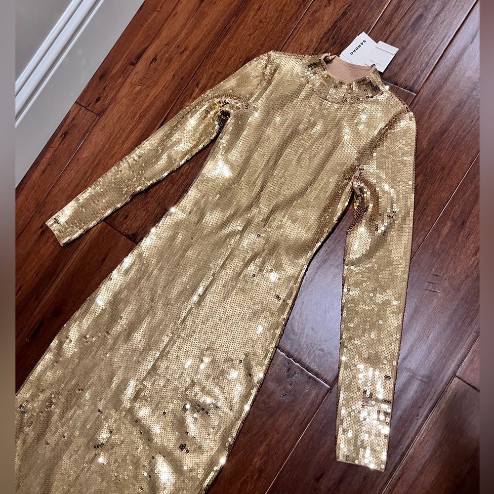 SANDRO Dore’ Gold Midi Dress Squin New $585- side split sexy bodycon BDay Bash🤩 - Picture 14 of 15